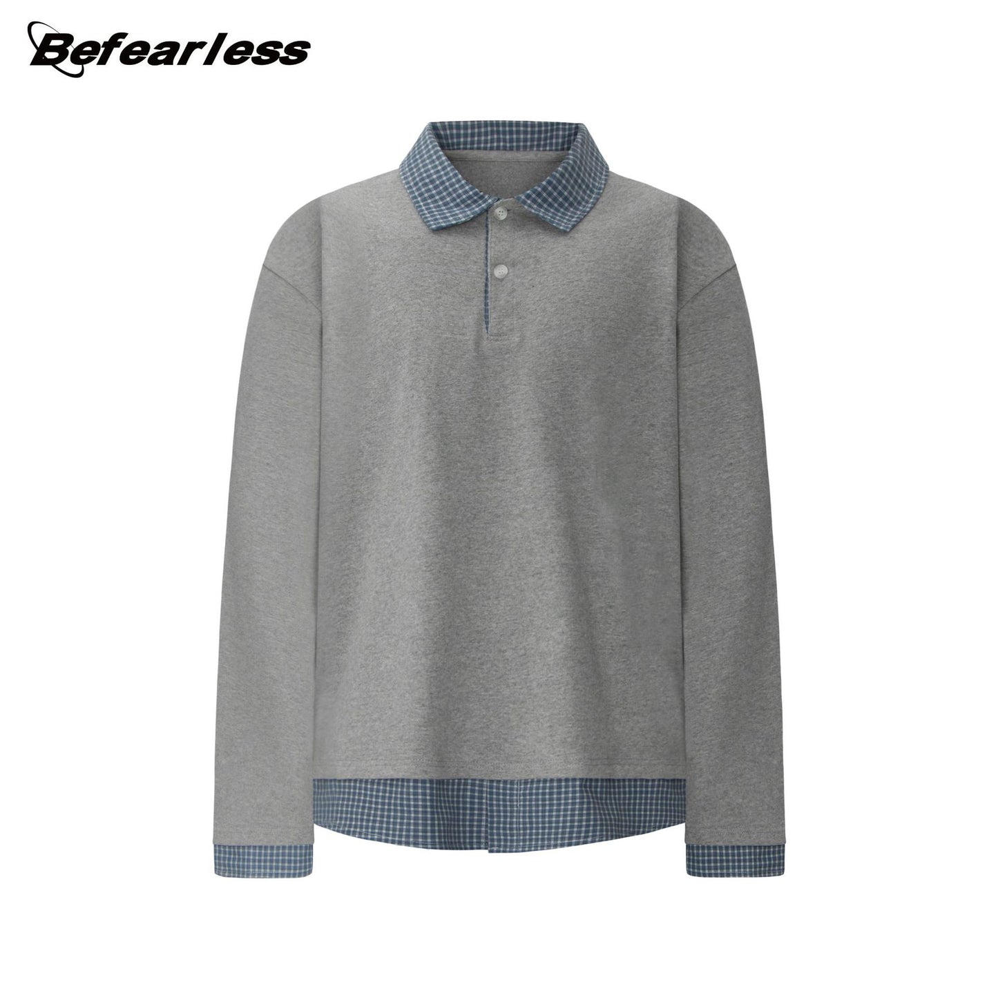 Plaid Collar Fake Layered Boxy Oversize Long Sleeve T-Shirt WN26297
