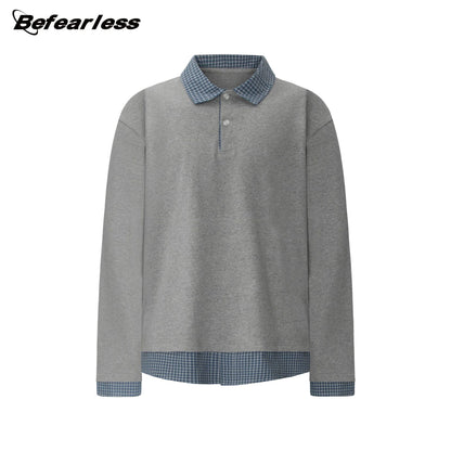 Plaid Collar Fake Layered Boxy Oversize Long Sleeve T-Shirt WN26297