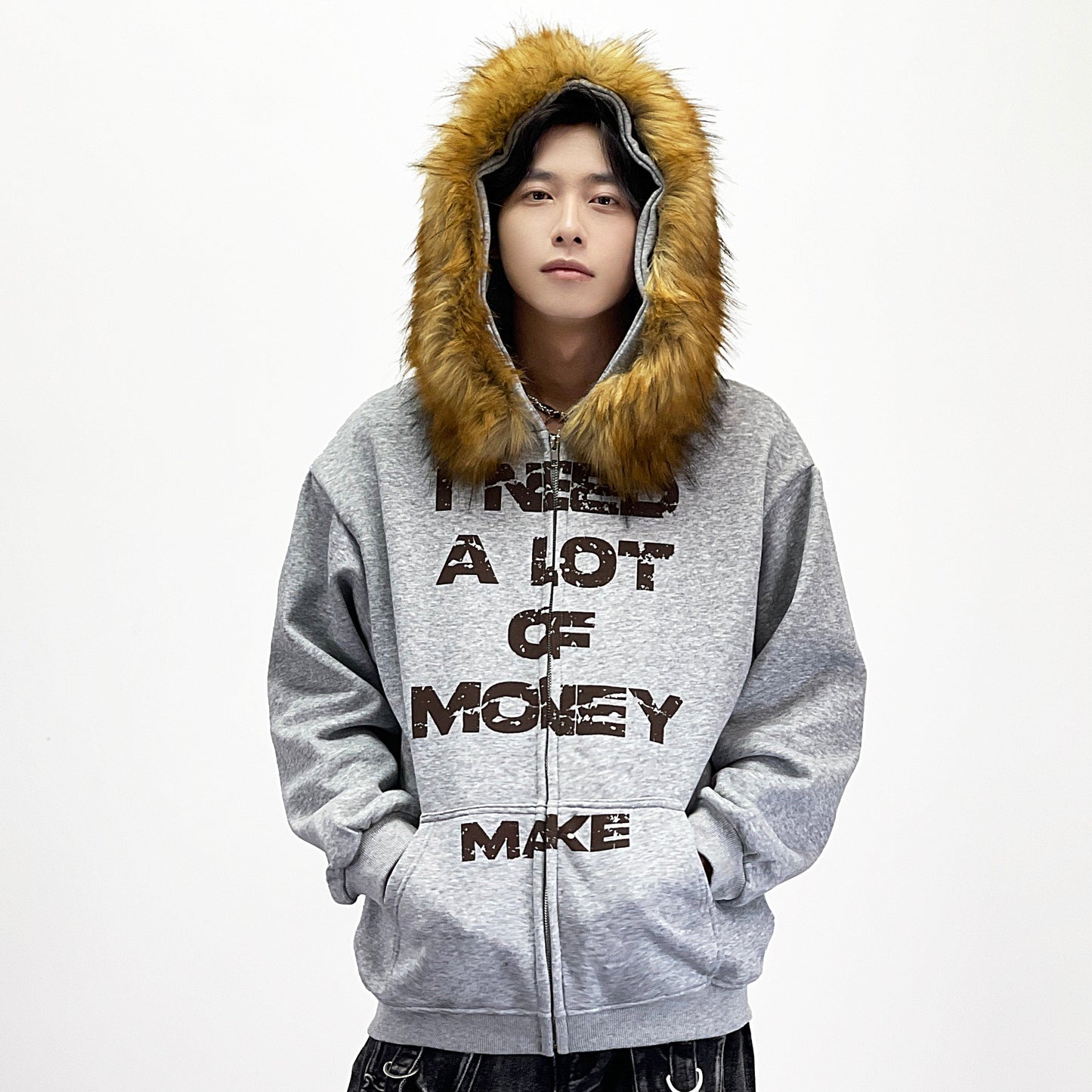 Letter Detachable Fake Fur Fleece Lining Hoodie WN24252