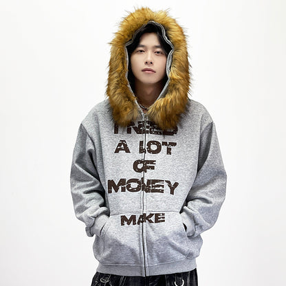 Letter Detachable Fake Fur Fleece Lining Hoodie WN24252