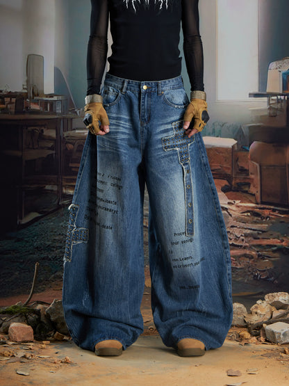 Splicing Studs Washed Damage Wide Leg Denim Jeans WN21343