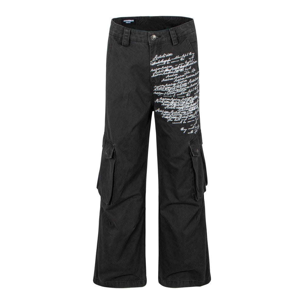 Letter Print Washed Wide Leg Cargo Denim Jeans WN27898
