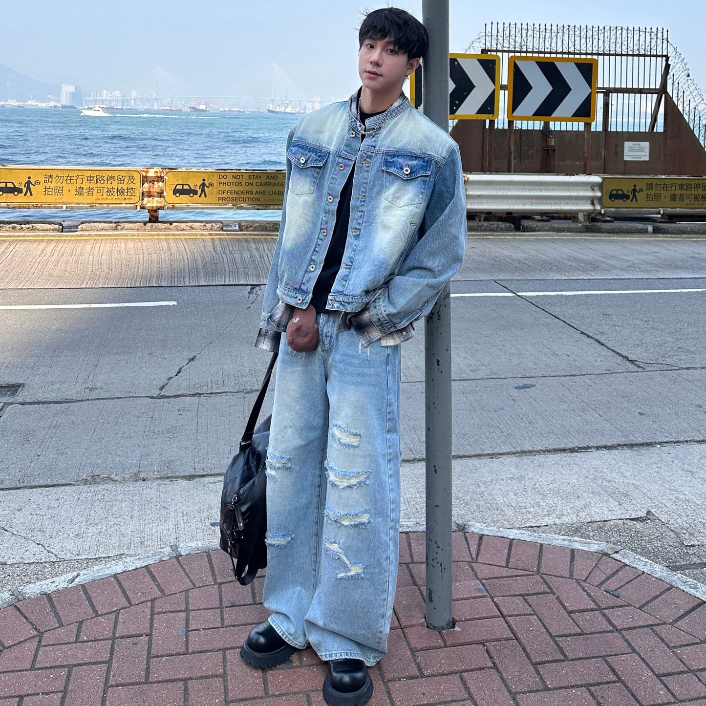 Fake Layered Stand Neck Gradient Wash Denim Jacket & Damage Wide Leg Denim Jeans Setup WN25231