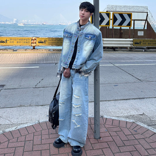 Fake Layered Stand Neck Gradient Wash Denim Jacket & Damage Wide Leg Denim Jeans Setup WN25231
