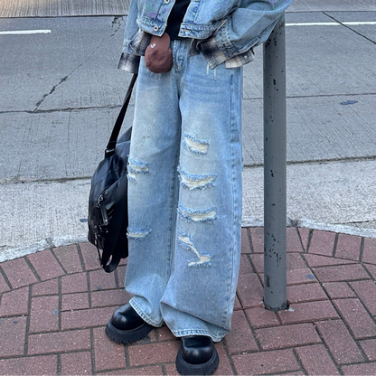 Fake Layered Stand Neck Gradient Wash Denim Jacket & Damage Wide Leg Denim Jeans Setup WN25231
