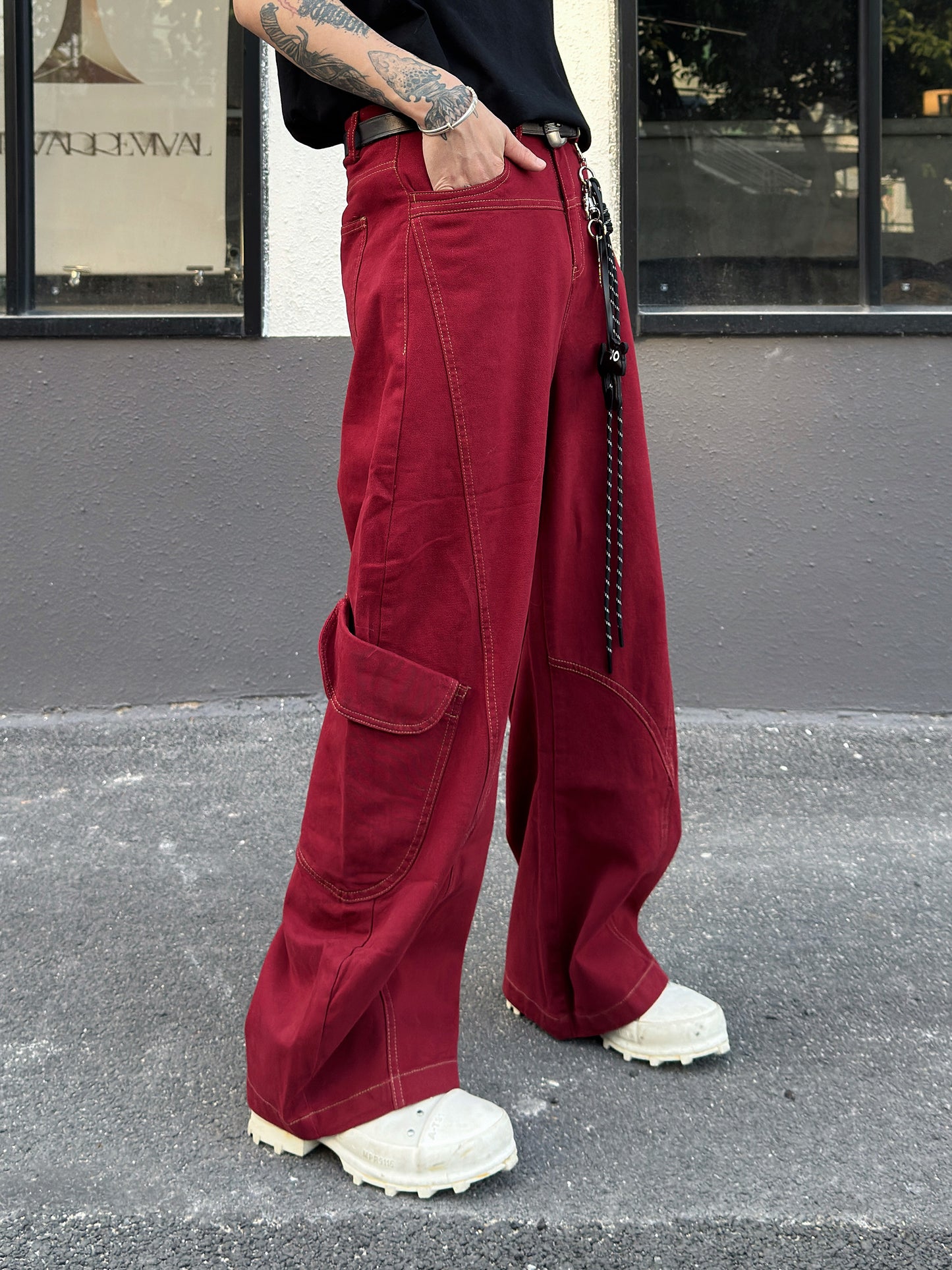 Structure Design Curved Cut Contrast Stitching Wide Leg Denim Jeans WN23018