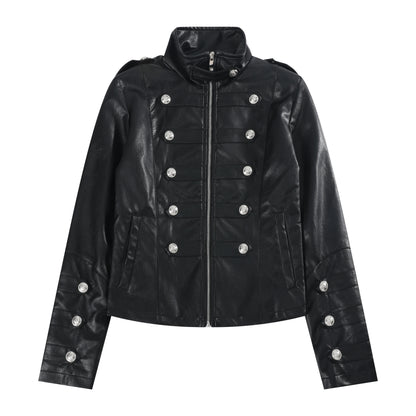 Stand Neck Button Detail PU Leather Jacket WN27241