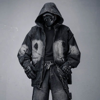 Heavy Wash Damage Hooded Denim Jacket WN22302