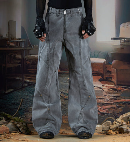 Studs Deconstruction Washed Damage Flare Denim Jeans WN21364