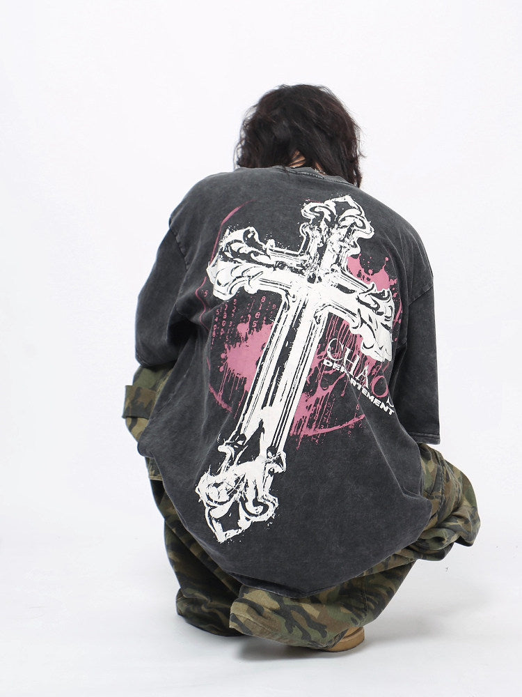 Vintage Washed Oversize Cross Graphic Short Sleeve T-Shirt WN24430