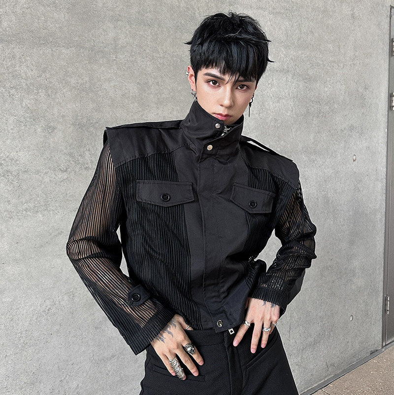 High-Neck Sheer Sleeve Shirt Jacket WN25124