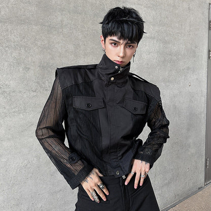 High-Neck Sheer Sleeve Shirt Jacket WN25124