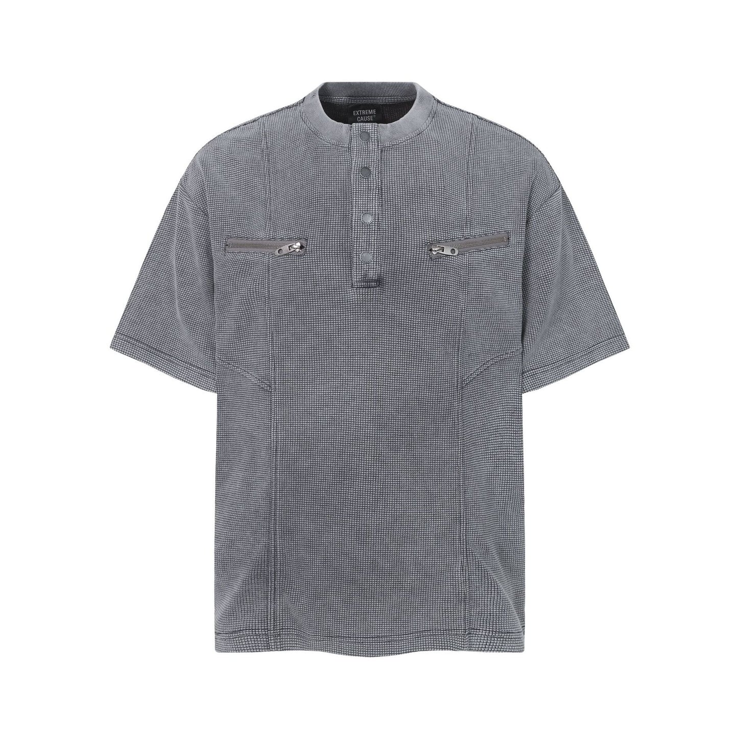 Half-Open Collar Check Wash Damage Short Sleeve T-Shirt WN25643