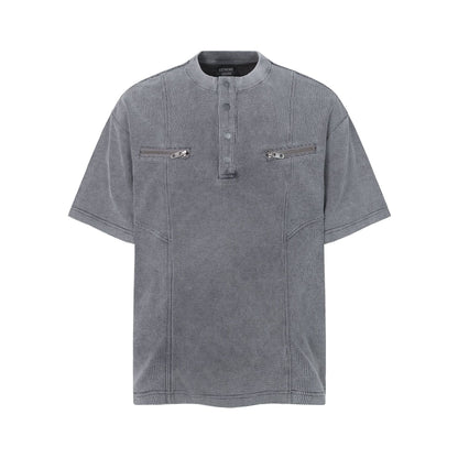 Half-Open Collar Check Wash Damage Short Sleeve T-Shirt WN25643
