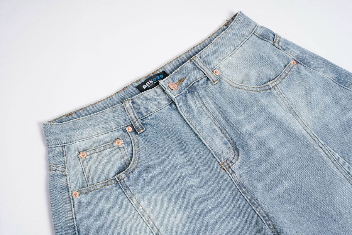 Deconstruction Curved Panel Wash Wide Leg Denim Jeans WN27930