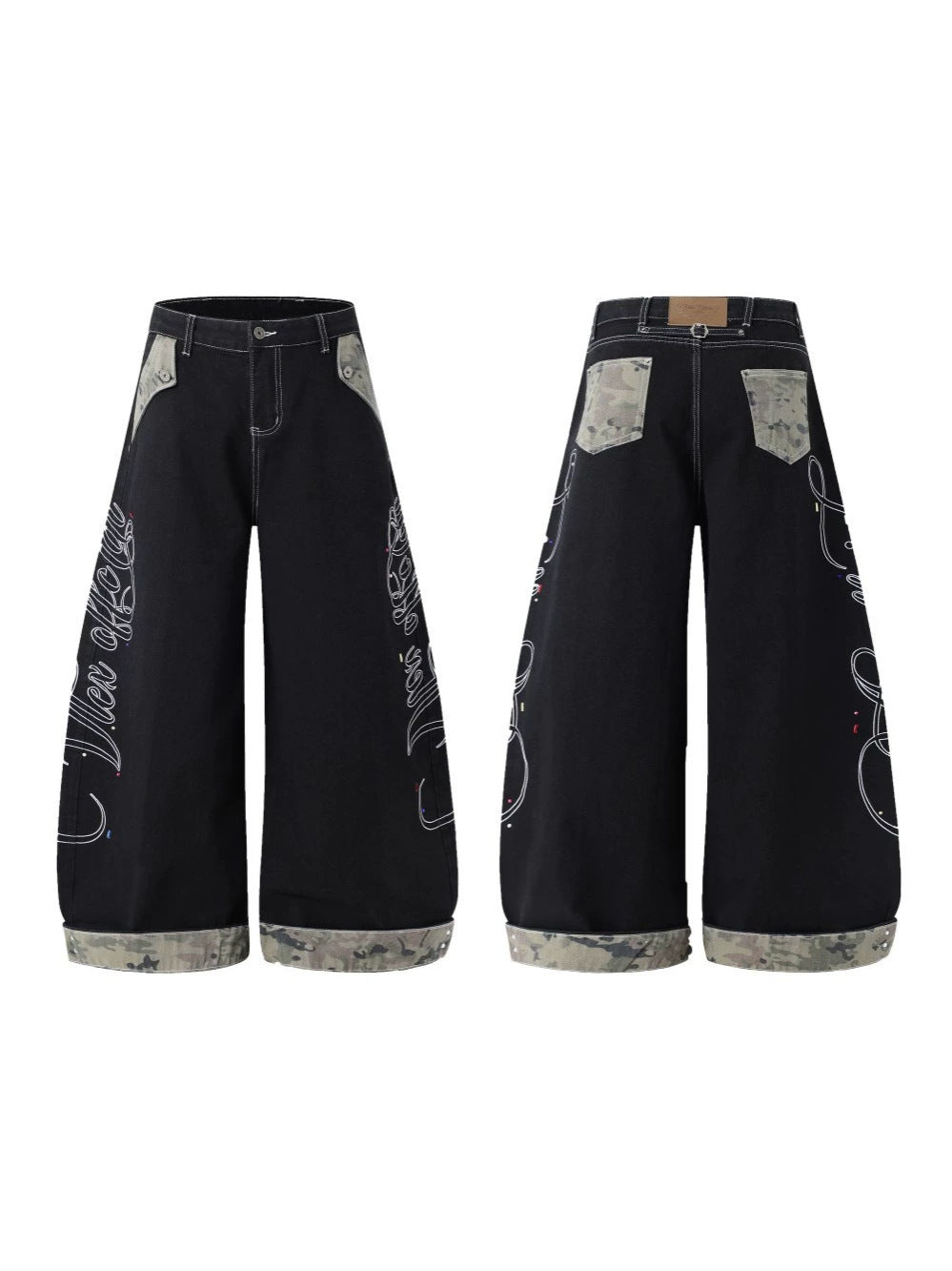 Camouflage Patchwork Letter Embroidery Rhinestone Wide Leg Denim Jeans WN27887