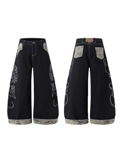 Camouflage Patchwork Letter Embroidery Rhinestone Wide Leg Denim Jeans WN27887