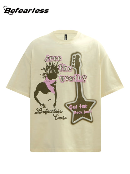 Rock Guitar Print Oversize Short Sleeve T-Shirt WN26350