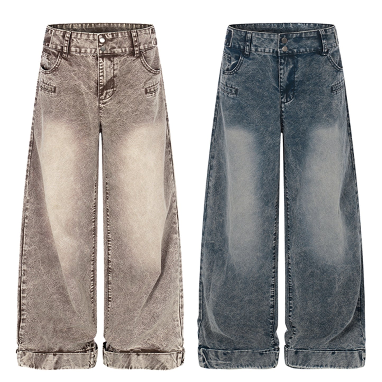 Washed Damage Wide Leg Curved Denim Jeans WN25860