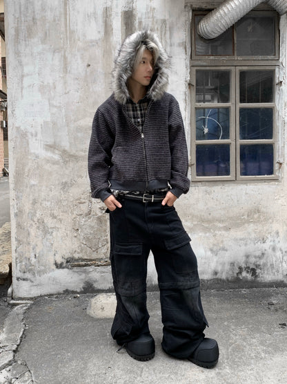 Stripe Detachable Hooded Zipper Jacket WN22224