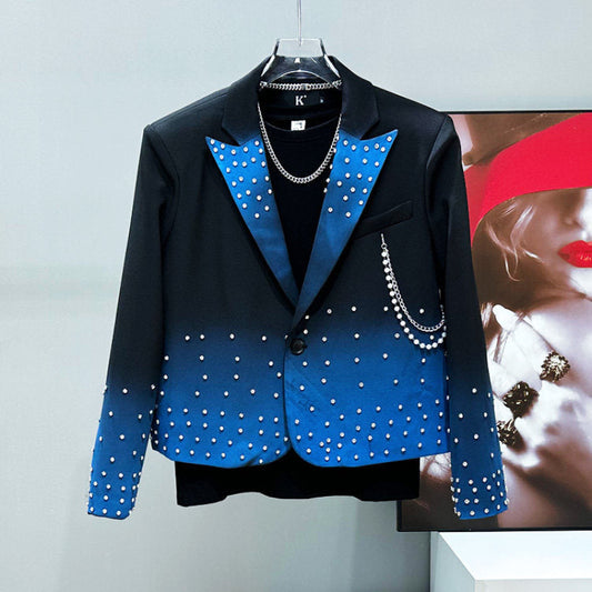 Rhinestone Chain Short Tailored Jacket & Spray Print Micro Flare Trousers Setup WN23937