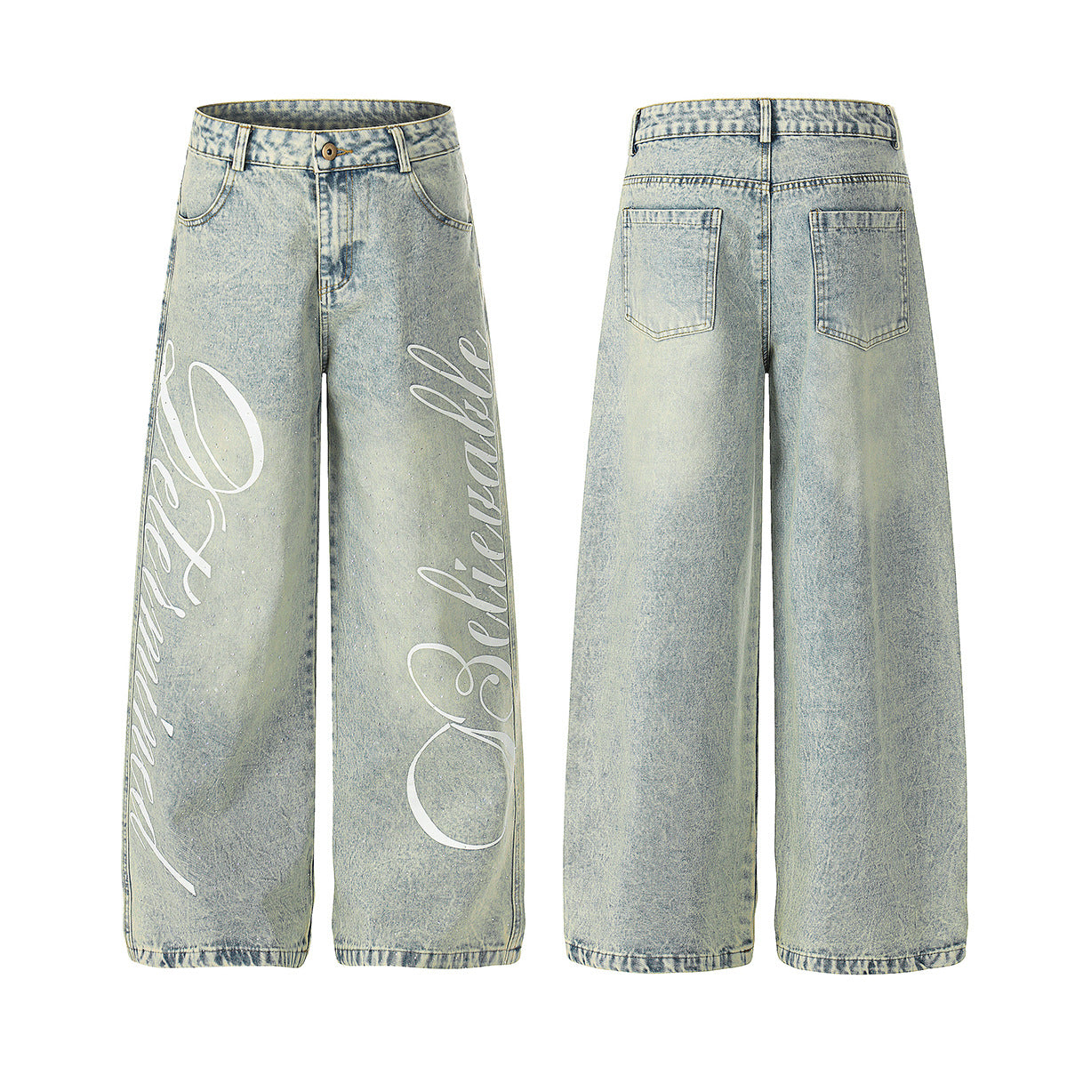 Washed Letter Print Wide Leg Denim Jeans WN25419