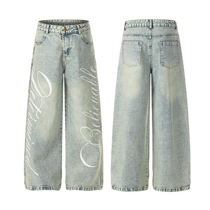 Washed Letter Print Wide Leg Denim Jeans WN25419