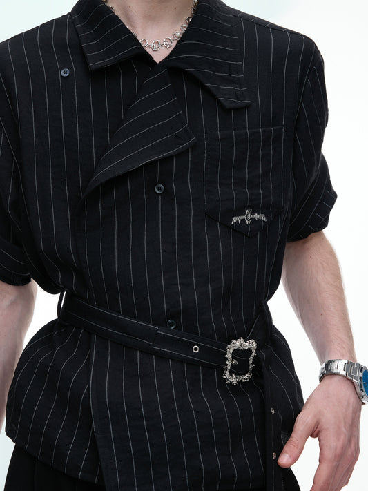 Asymmetric Stripe Waist-Tie Metal Buckle Short Sleeve Shirt WN27031