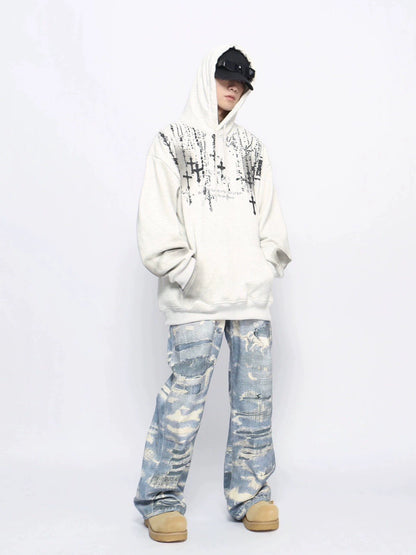 Cross Print Fleece Linning Oversize Pullover Hoodie WN10934