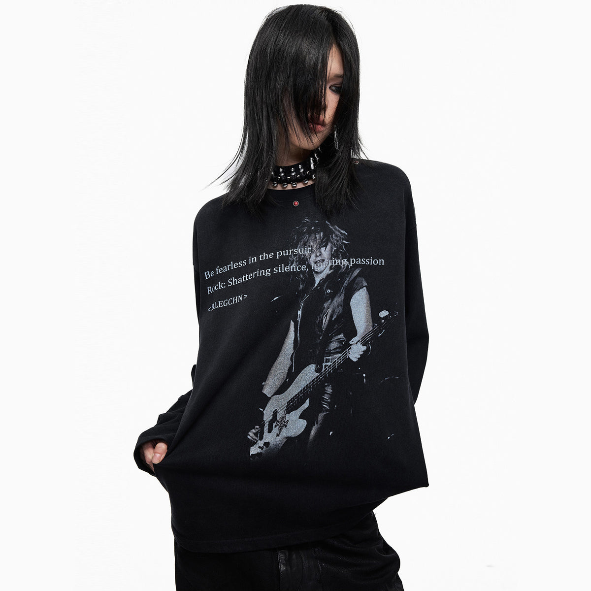 Washed Guitar Portrait Slogan Print Long Sleeve T-Shirt WN27324