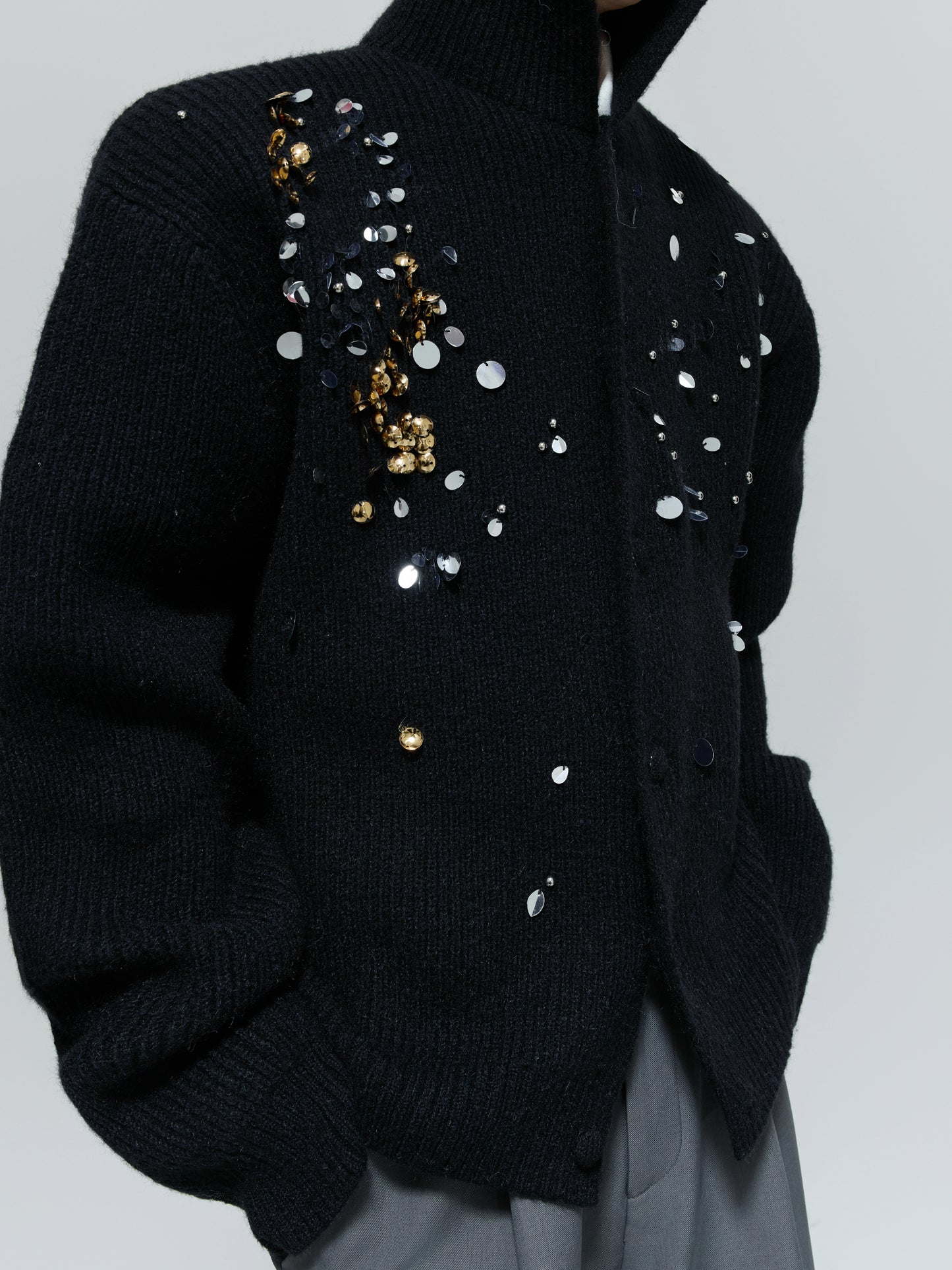 Sequin High-Neck Ribbed Knit Cardigan WN21700