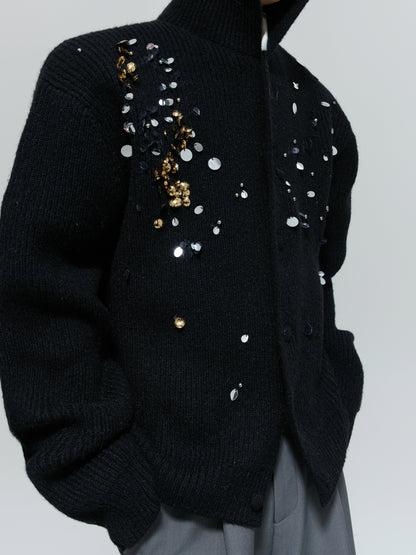 Sequin High-Neck Ribbed Knit Cardigan WN21700