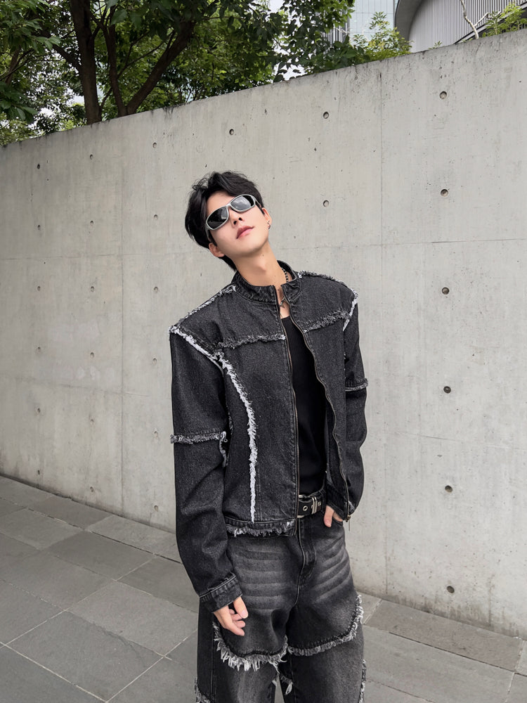 Patchwork Raw Edge Shoulder-Pad Short Jacket & Patchwork Straight Denim Jeans Setup WN15364