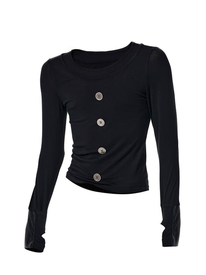 Tencel Fake Layered Button Long Sleeve T-Shirt WN23270