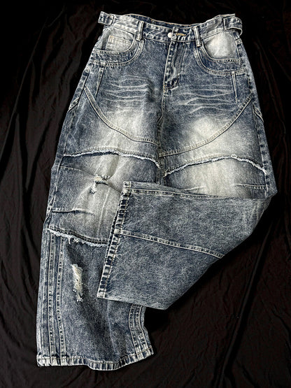 Washed Damage Splice Wide Leg Denim Jeans WN25742