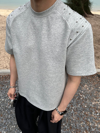 Rivet Pleats Shoulder-pad Heavyweight Oversize Short Sleeve T-Shirt WN25254