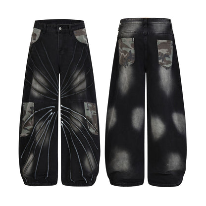 Butterfly Print Camouflage Wide Leg Denim Jeans WN25492