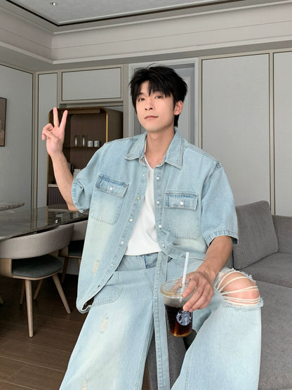 Damage Denim Short Sleeve Shirt & Denim Jeans Setup WN20423
