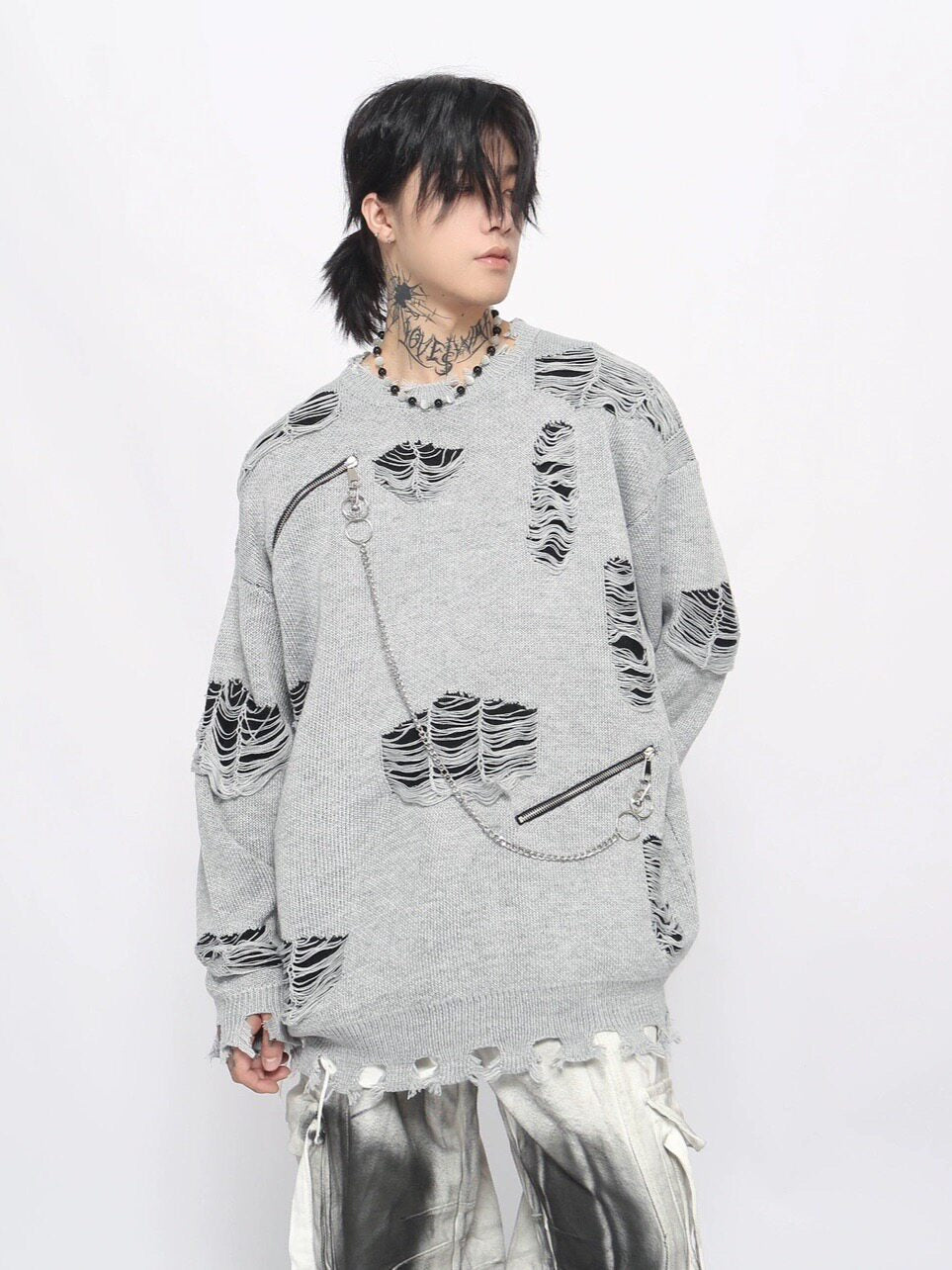 Damage Zipper Chain Detail Knit Sweater WN24497