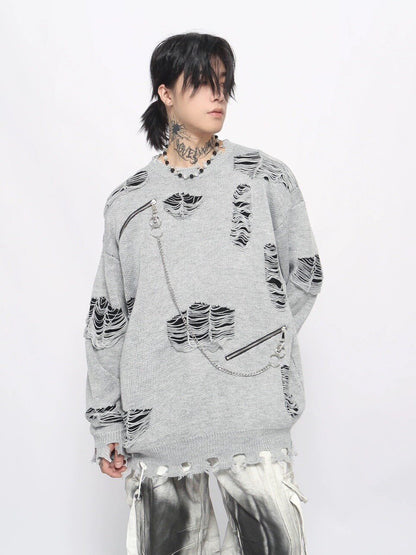 Damage Zipper Chain Detail Knit Sweater WN24497