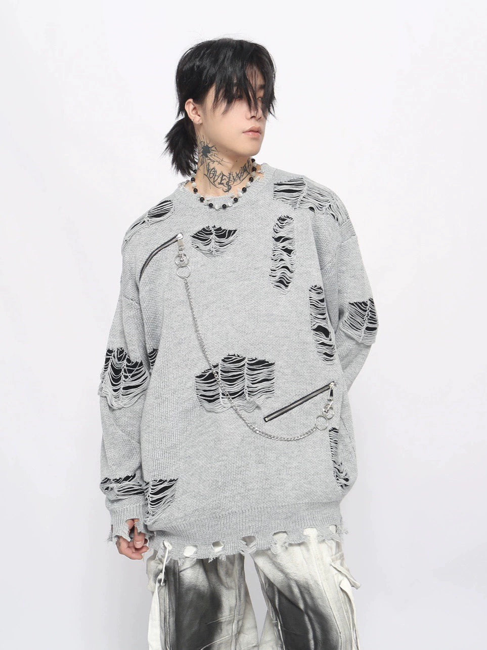 Damage Zipper Design Knit Sweater WN8757