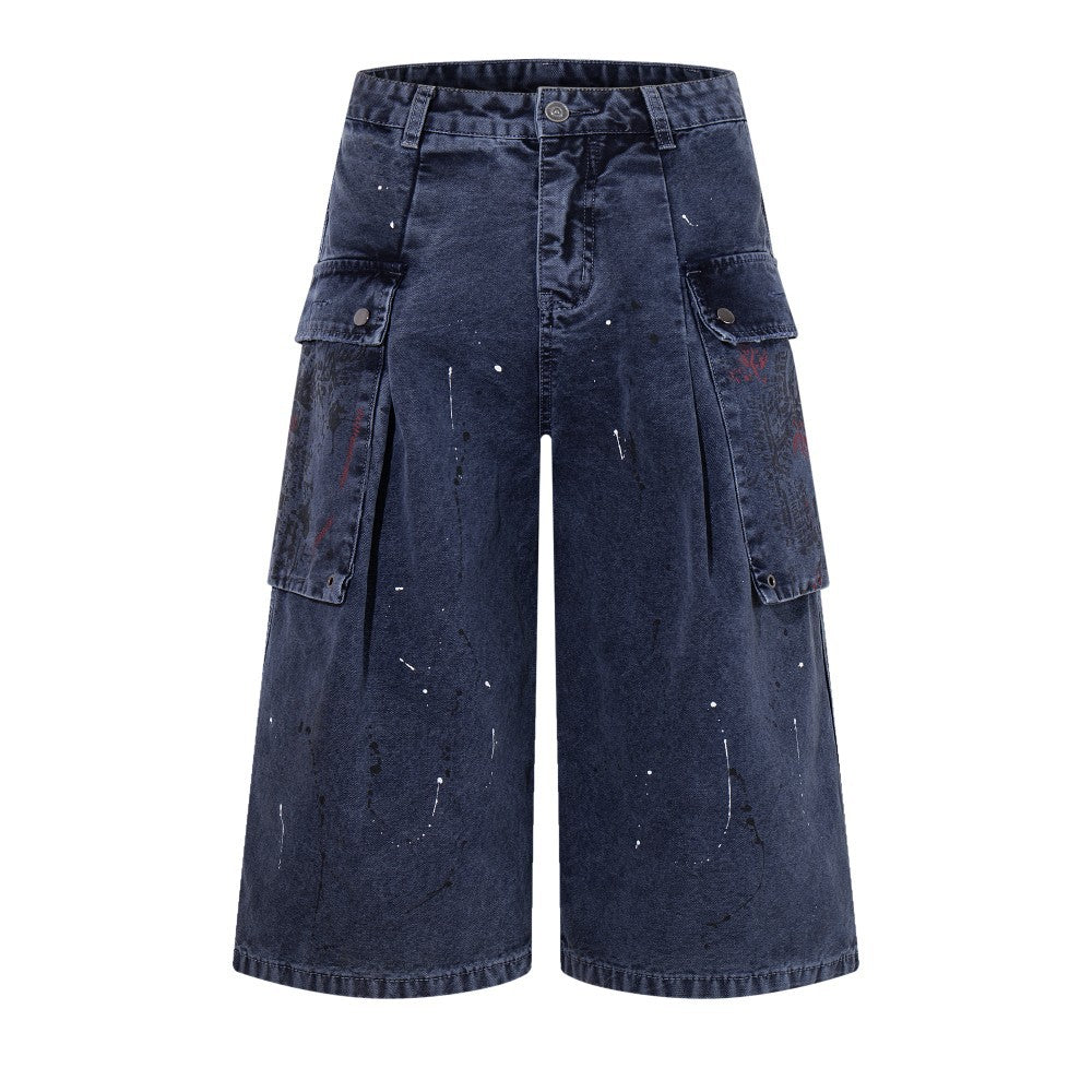 Denim Paint Splatter Multi-Pocket Wide Leg Half Pants WN27938