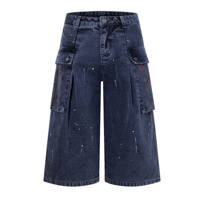 Denim Paint Splatter Multi-Pocket Wide Leg Half Pants WN27938