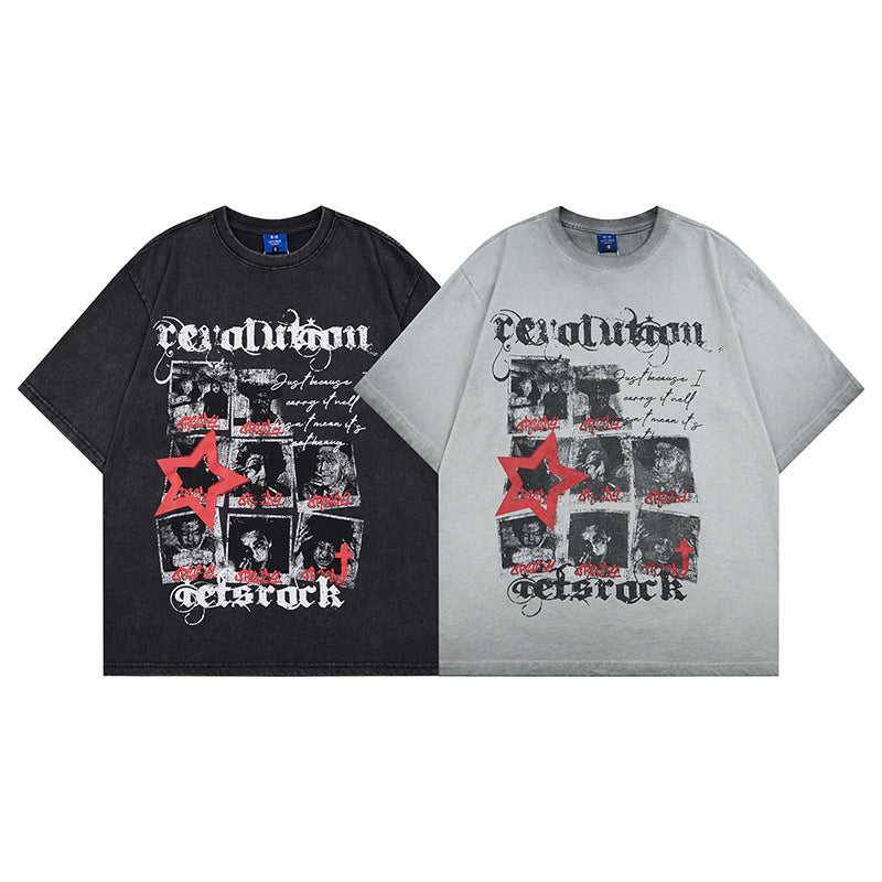 Washed Portrait Letter Print Short Sleeve T-Shirt WN25387