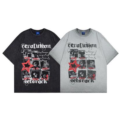 Washed Portrait Letter Print Short Sleeve T-Shirt WN25387