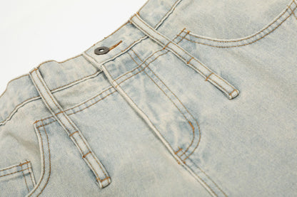 Washed Damage Curved Wide Leg Denim Jeans WN25912