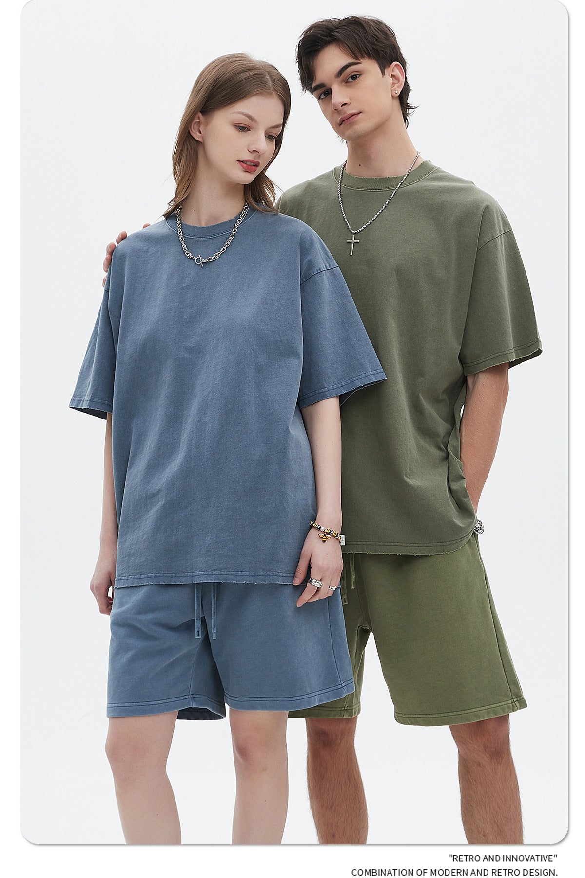 Washed Dyed Oversize Damage Short-sleeve T-shirt & Short Sweatpants Setup WN6630-K