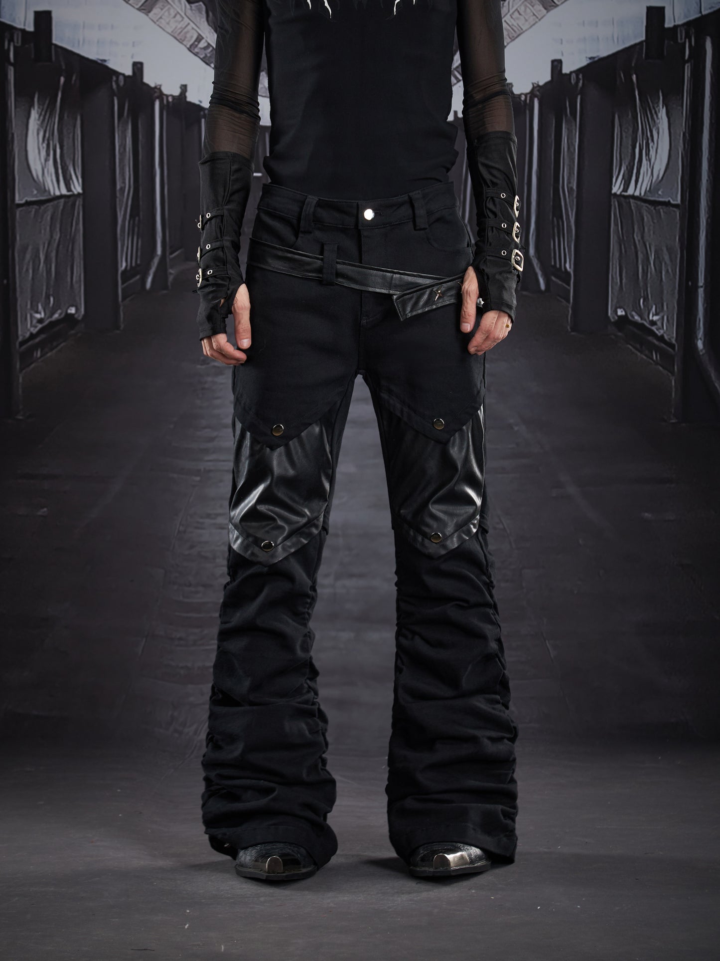 Metal Detail PU Leather Stretch Flare Denim Jeans WN22790