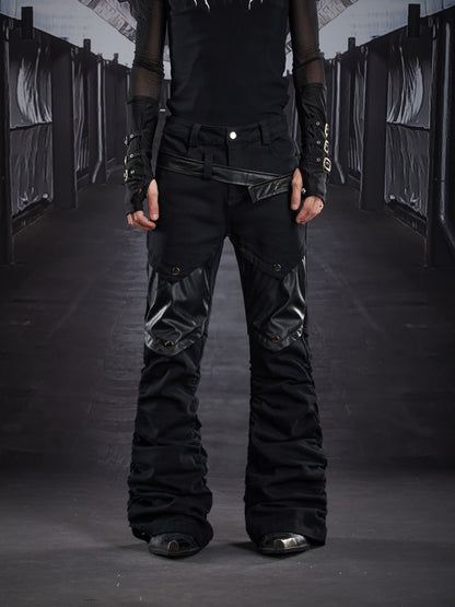 Metal Detail PU Leather Stretch Flare Denim Jeans WN22790