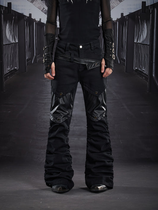 Metal Detail PU Leather Stretch Flare Denim Jeans WN22790